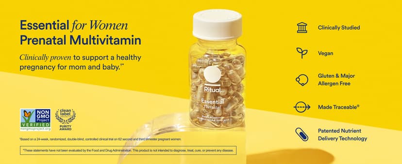 Ritual Essential for Women Prenatal Multivitamin: Folate & Choline for Neural Tube Support, Omega-3 DHA for Fetal Brain Development, Iron, Calcium-Helper D3 & K2, Non-GMO, Vegan, Citrus, 30 Days