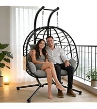 Suteck Double Hanging Egg Chair with Stand, Outdoor Indoor 2 Person Wicker Egg Swing Chair with Cushion, 700lbs Capacity for Patio, Bedroom, Garden - Black