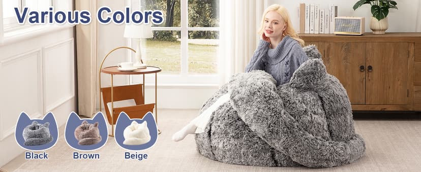 Achicsofar Bean Bag Chair for Adults Teens Giant Faux Fur Bean Bag Chairs with Filler Fluffy Plush Cat Shaped Beanbag Couch Comfy Accent Floor Sofa for Gaming, Reading in Living Room, Bedroom, Dorm