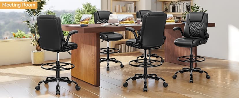Drafting Chair,Tall Office Chair for Standing Desk,High Executive Leather Ergonomic Computer Chair with Adjustable Height and Flip-Up Armrest for Counter Height Desk,Black