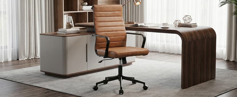 Okeysen Leather Office Desk Chair, Mid-Century Modern Leather Conference Room Chairs, Ergonomic Executive Ribbed Height Adjustable Swivel Rolling Chair for Home Office.