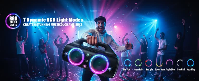 Speakers, 80w (Peak) Portable Wireless Speaker with Lights, Stereo Loud Sound, IP67 Waterproof, Deep Bass Outdoor Speakers Bluetooth 5.3 Dual Pairing for Home Party Beach Camping, Gifts