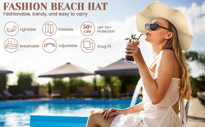 Pleneal Beach Sun Straw Hats for Women, UPF 50+ UV Sun Protection Wide Brim Summer Straw Hat Foldable Packable Roll up Cap