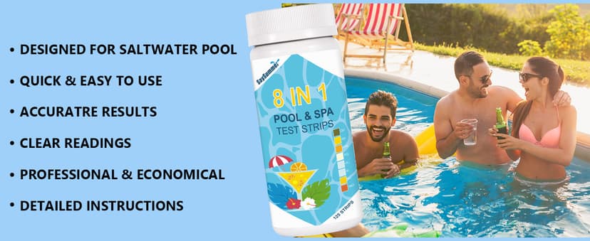 Salt-Water Pool Test Strips Kit: 125 Counts 8-in-1 for Salt Water Pool Testing Kit, Salt Pool Test Strips for Hot Tub Spa Testing Salt Chlorine pH and More