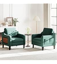Accent Chair for Living Room Modern Linen Upholstered Armchair Side Wooden Fabric Sofa Chair with Foldable Table 2 Side Pockets Comfy Reading Chair for Bedroom