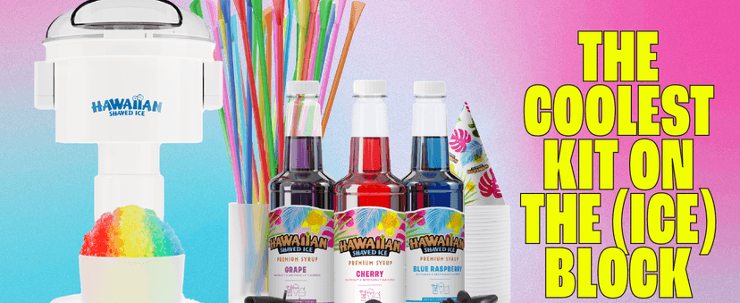 Hawaiian Shaved Ice S700 Kid-Friendly Snow Cone Machine Kit with 3-16oz. Syrup Flavors: Cherry, Grape, and Blue Raspberry, Plus 25 Snow Cone Cups, 25 Spoon Straws, and 3 Black Bottle Pourers