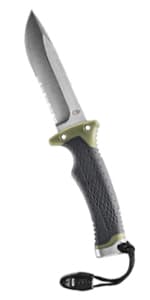 Gerber Gear Ultimate Survival Knife, Fixed Blade Knife with Combo Edge, includes Fire Starter Edge and Ferro Rod, Whistle, Sheath with Integrated Sharpener - Bushcraft, Hunting and Camping Tool