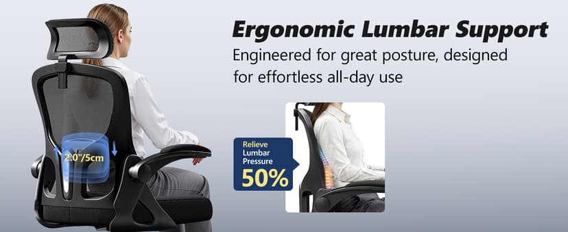 Ergonomic Office Chair, High Back Desk Chair with Flip-up Arms, 300 LBS Mesh Computer Chair with Adjustable Headrest & Lumbar Support, Comfy Gaming Chair for Adults, Home Office Desk Chairs (Black)