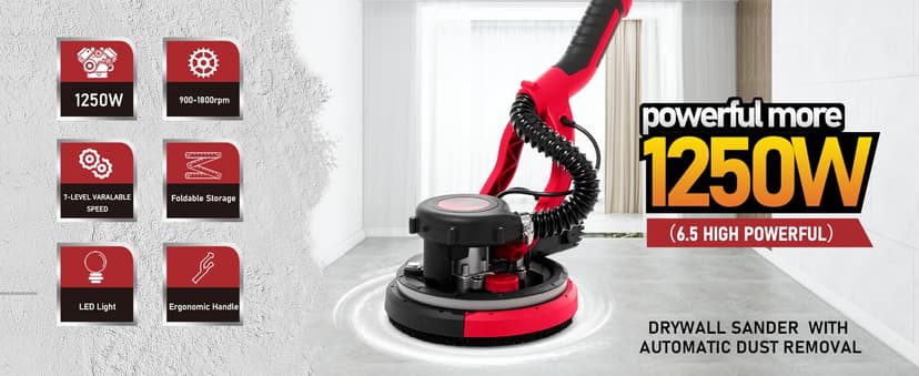 Cofiyard Drywall Sander with Vacuum Dust Collector,1250W Electric Drywall Sander ,7 Variable Speed LED Light 900-1800RPM,Foldable & Extendable Handle Ceiling Popcorn Removal Tool