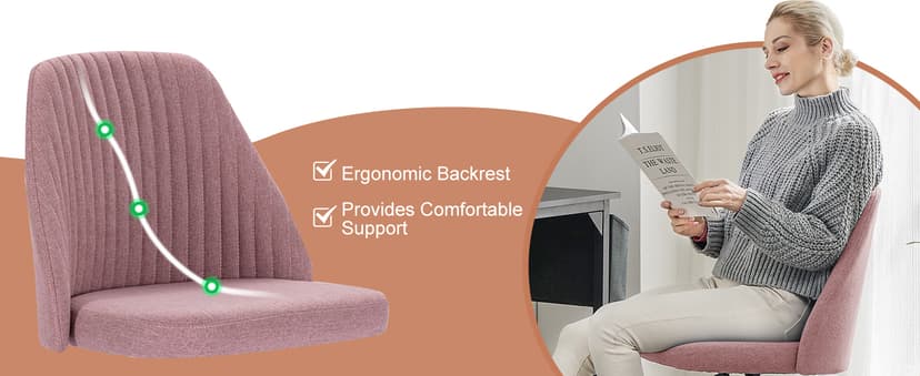 DUMOS Office Chair, Comfy Desk Chair Rolling Vanity Swivel Task Chairs with Wheels, Wide Seating Armless Height Adjustable Computer Chairs for Home,Bedroom,Student,Adults, Blush