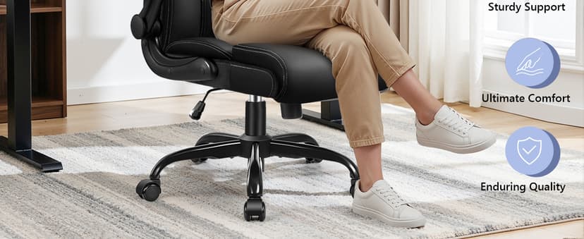Primy Office Chair, Ergonomic Leather Desk Chair with Flip-up Armrests, Big and Tall High Back Executive Computer & Gaming Chair with Footrest, Comfy Padded, Rocking Function and Lumbar Support(Black)