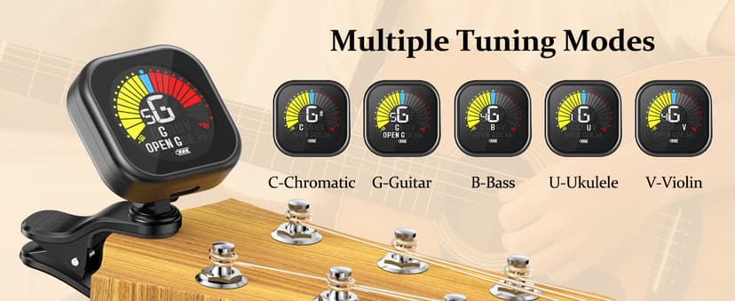 New Bee Guitar Tuner Clip-On Rechargeable with Color Screen 360° Rotatable Acoustic Chromatic Open Tuning for Guitar, Bass, Ukulele, Violin, Cello(Black, 1 Pack)