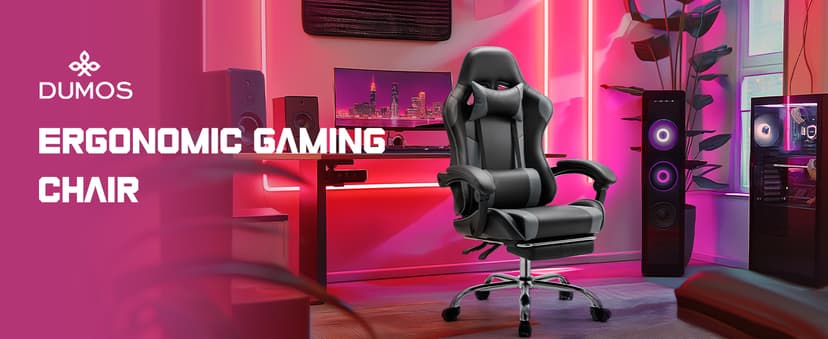 DUMOS Ergonomic Gaming Office Desk Chair with Footrest and Headrest for Adults, PU Leather Video Computer Chair with Linkage Armrests, Height Adjustable 360° Swivel Recling Chair, Black Grey