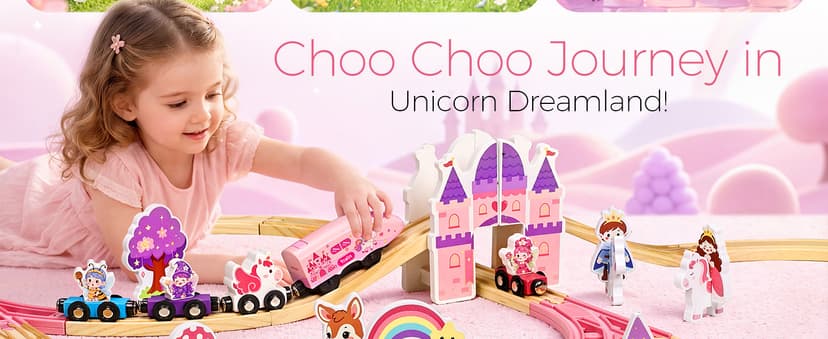 Pink Train Track Set Fairy Theme with Multiple Layouts, Birthday Gift Toys for Girls 3 4 5 6 Year Old Wooden Train Set Electric, 50 PCS Unicorn Princess Wood Track for Girls B0HDSGBW7S