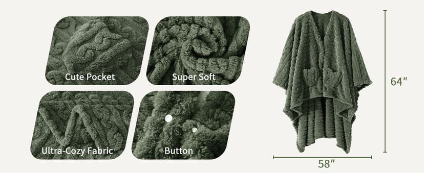Wearable Blanket Poncho Cape Wrap for Adult, Cozy Sherpa Fleece Pocketed Shawl TV Throw Blankets for Office and Lounge,Green B0DJ8RLDQ3