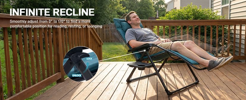 EVER ADVANCED Thick Padded Zero Gravity Chair, Oversized Reclining Lounge Chair with Adjustable Headrest & Cup Holder, Heavy Duty Support 350 lbs, Foldable for Camping, Lawn, Outdoor & Indoor, Green