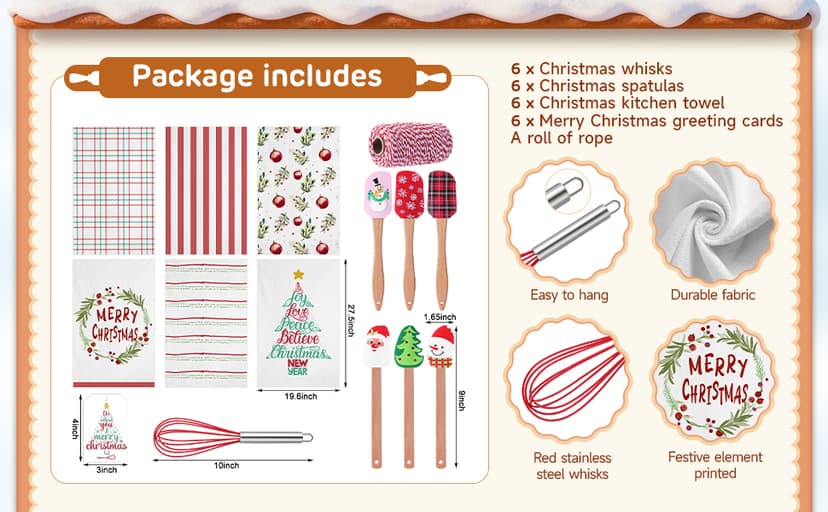 Mimorou 6 Sets Christmas Whisks Kitchen Gifts Stainless Steel Whisks Silicone Spatulas Towels Greeting Cards Rope for Neighbor Employee Baking Gift Xmas Cooking Supplies