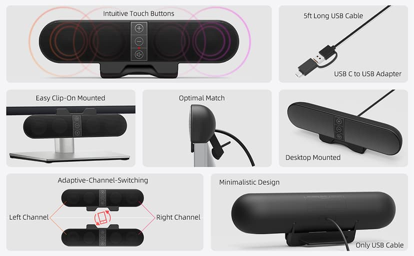 Computer Speakers for Desktop PC Monitor, USB Plug-in, Wired, Computer Soundbar for PC, Laptop Speakers with Adaptive-Channel-Switching, Loud Sound, Deep Bass, USB C Adapter, Easy to Clip on Monitor