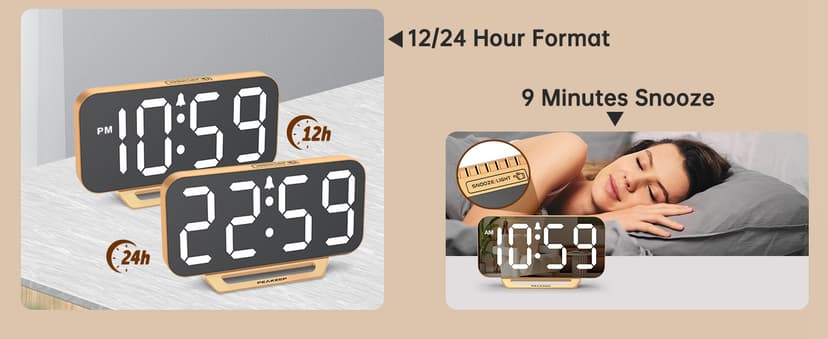 Peakeep Slim Digital Mirror Aesthetic Alarm Clock for Bedrooms Desk Decor - Plug in Electric Big LED Modern Small Clock for Office Living Room, Battery Backup, 6 Dimmers (Gold)