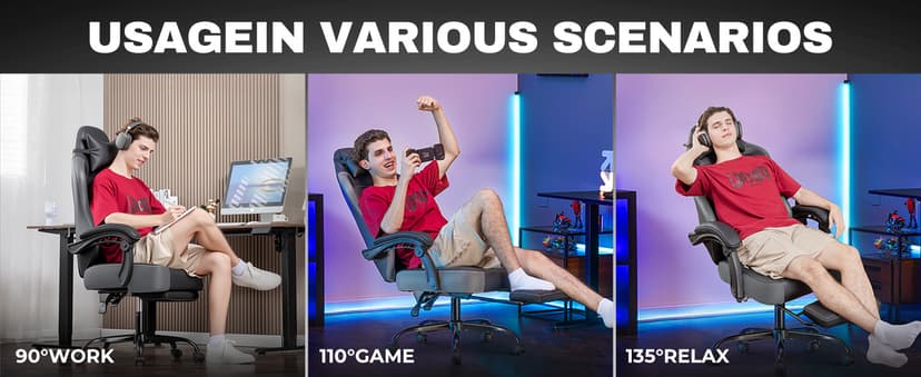 GTPLAYER Gaming Chair, Office Chair High Back Computer Chair with Foot Rest for Adults, Leather Desk Chair Executive Ergonomic Height Adjustable with Headrest and Lumbar Support, 300lbs Grey