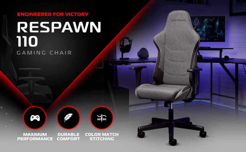Respawn 110 Ergonomic Gaming Chair - Reclining Office Video Game Swivel Chair with Lumbar Support, Headrest, Heavy Duty, High Back, Racing Style Gaming Recliner Seat for Computer Gamer - Gray Fabric