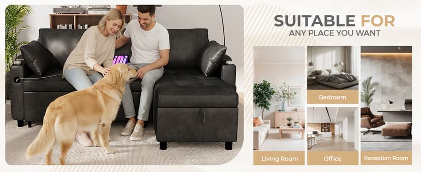 Esright Sleeper Sofa Bed, 3-in-1 Pull Out Couch with Reversible Chaise, Leather Sleeper Sofa with Storage, USB, Cup Holder, Pullout Sectional Couches for Apartment Living Room, Black | Hidden Storage Space