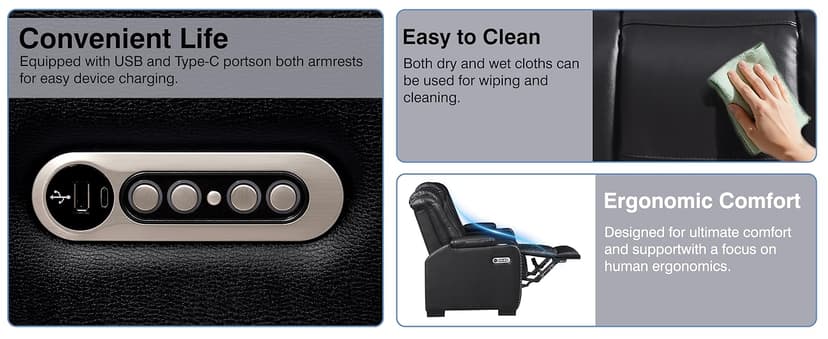 THSUPER Black Leather Power Recliner Sofa Loveseat Sets with Arm Storage and Power Headrest, Leather Living Room Reclining Sofa and Loveseat Set with Cup Holders and Bluetooth Speaker. | Breathable material, LED ambient light, Reading light, Hidden outlet, USB and Type-C port