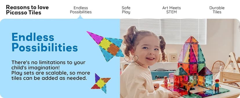 No-limit scalable builds, hands-on magnet polarity fun, family group play, quick assemble & store, shape & color recognition PicassoTiles 100 Piece Magnetic Tiles, Clear 3D Building Blocks for Kids 3+ B00AU56C5W