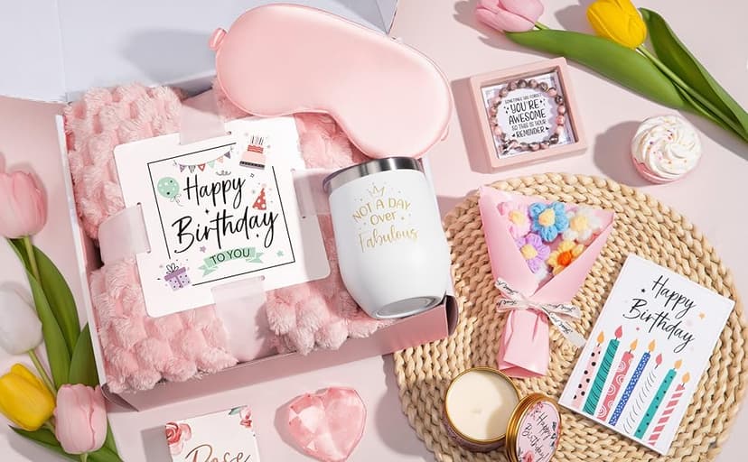 Birthday Gifts for Women Friendship, Unique Happy Birthday Gifts Basket for Mom Her Best Friend Sister Wife Girlfriend Coworker, Luxury Self Care Box Rose Relaxing Spa Gifts Set for Women with Blanket