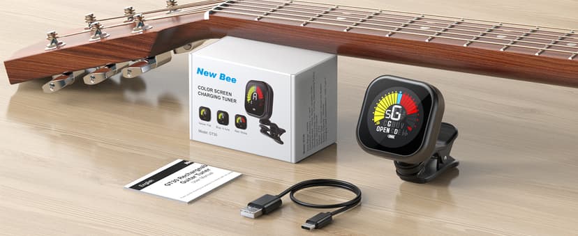 New Bee Guitar Tuner Clip-On Rechargeable with Color Screen 360° Rotatable Acoustic Chromatic Open Tuning for Guitar, Bass, Ukulele, Violin, Cello(Black, 1 Pack)