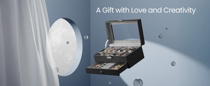 SONGMICS SONGMICS Watch Box, 12-Slot Watch Case Organizer with Large Glass Lid, 2 Layers, Removable Pillows, Metal Lock, Gift for Loved Ones, Black Synthetic Leather, Gray Lining UJWB012