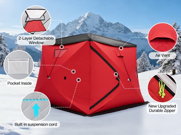 Albott Insulated Pop-Up Ice Fishing Tent, Ice Shanty with Oxford Fabric, Waterproof Rain Cover, Chimney Vent, Anchors, Ropes, Carry Bag, Insulated Large Fishing Area