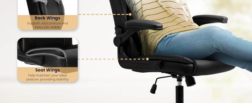 NEO CHAIR Desk Office Gaming Computer Chair Ergonomic Executive Mid-Back Leather with Adjustable Padded Flip-Up Armrests Cushion Wheels Swivel for Home Study Task (Black White)