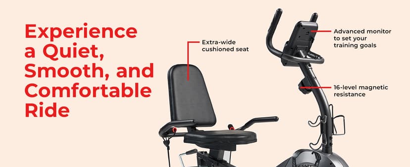 Sunny Health & Fitness Smart Heavy-Duty Recumbent Bike w/Wide Cushioned Seat & Back, Indoor Cycling Machine for Adult/Seniors Home Exercise, Free SunnyFit App Connect, Optional Workout Training Bands