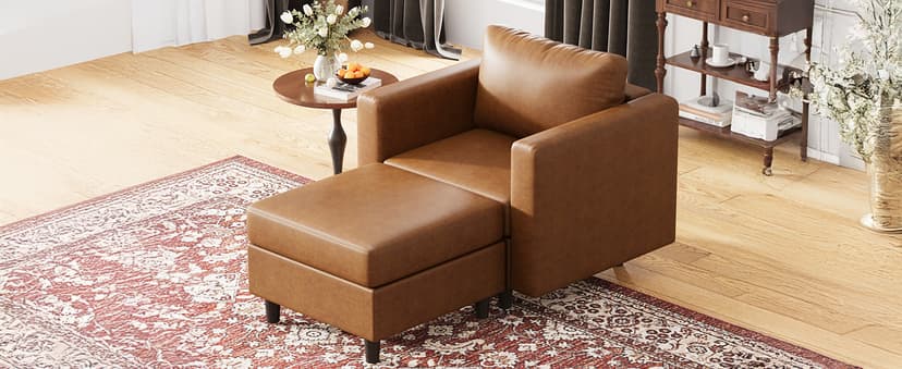 ABCASA Faux Leather Accent Chair with Ottoman,Upholstered Armchair with Storage,Extra-Deep-Seated Modular Single Sofa,Reading Chair with Footrest for Living Room Lounge Chair Brown