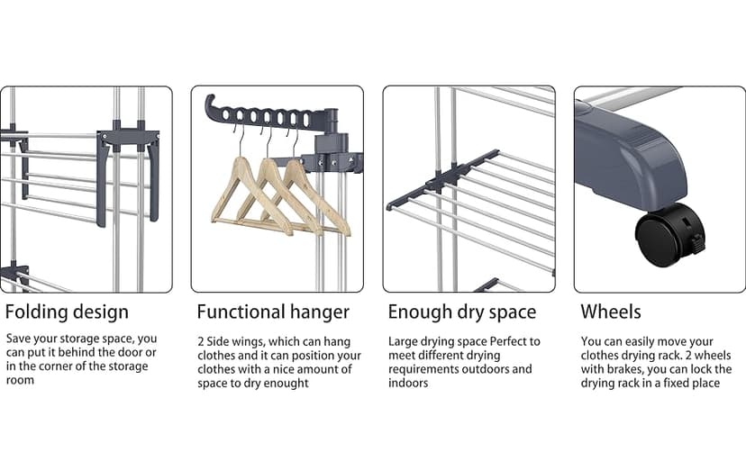 HOMIDEC Clothes Drying Rack, Oversized 4-Tier(67.7" High) Foldable Stainless Steel Drying Rack Clothing, Movable Drying Rack with 4 castors, 24 Drying Poles and 14 Hooks for Bed Linen, Clothing, Grey