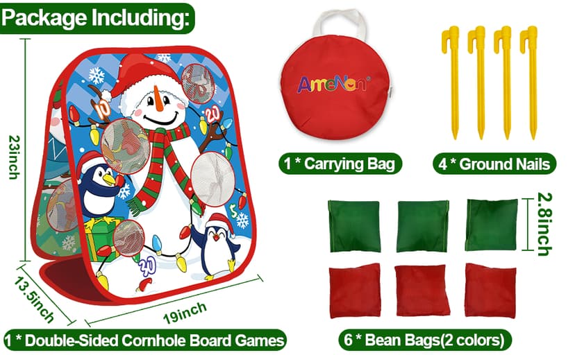 Christmas Party Games for Kids Adults, Bean Bag Toss Game Toys Double-Sided Foldable Cornhole Board with 8 Score Hole Christmas Theme Family Party Supplies Gifts for Carnival Yard Indoor Outdoor