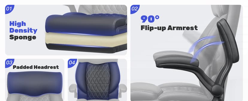 High Back Executive Office Chair - Ergonomic Computer Desk with Rocking Function, Leather Managerial with Adjustable Flip-Up Armrests and Lumbar Support