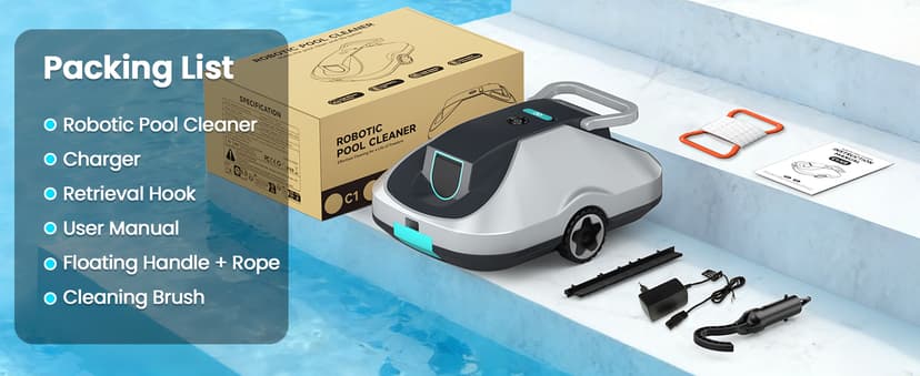 C1 Robotic Pool Cleaner, 200-Min Cordless Pool Vacuum for Above Ground & Inground Pools up to 2500 Sq.ft, Automatic Pool Vacuum Robot for Leaves & Dirt, Powerful Suction Self-Parking-Teal