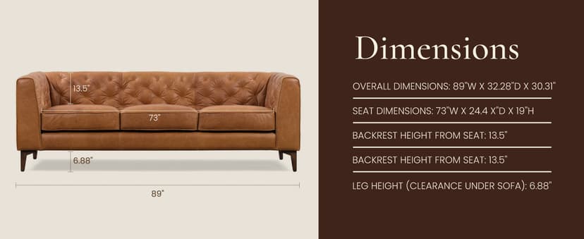 POLY & BARK Essex 89” Full-Grain Italian Leather Sofa – Tufted Back, Feather-Down Comfort, Solid Wood Frame, Cognac Tan