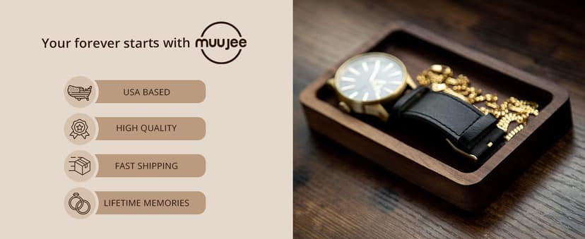 MUUJEE Ring Dish - Engraved Rectangle Wood Tray Small Jewelry Dish 5 Year Wedding Anniv Gifts Ideas (Small - 5.5 x 3.5 inches)