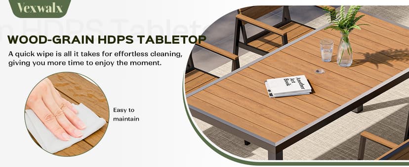 Vexwalx 7-Piece Outdoor Dining Set, Aluminum Dining Table Set for 6, Patio Table and Chairs Set with Umbrella Hole, All Weather HDPS Outdoor Table and Chairs for 6 (Gray-Teak)