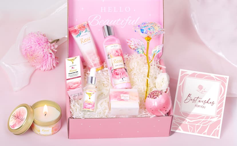Gifts for Women, Happy Birthday Gifts for Women, Mothers Day Bath and Body Gifts for Woman with Unique Rose Self Care Gift, Home Spa Gift Basket for Mom, Girlfriend, Sister, Female Friends, Coworker