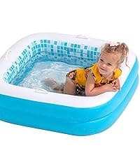 2-in-1 Inflatable Kiddie Pool, 65"x39"x10" (5'5") Soft Cushioned Floor, Handles, Drain, Shallow Rectangular Blowup Swimming Pool for Kids Age 2+ Toddler Ball Pit, Small Adult Backyard Tanning Pool