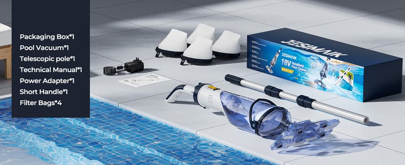 Pool Vacuum for Above Ground Pool, JESIMAIK 18.5 GPM Powerful Suction Handheld Pool Vacuum, 60min Runtime,Telescopic Pole Cordless Pool Vacuum for Above/Inground Pool, Spas, Hot Tubs Cleaning