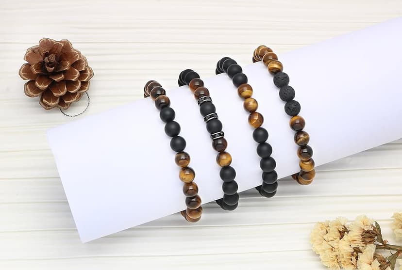 JoycuFF Gifts for Men Natural Tiger Eye Black Matte Agate Bracelets, Christmas Birthday Gifts for Boyfriend Husband Brother from Girlfriend Wife, To My Man Bead Bracelets