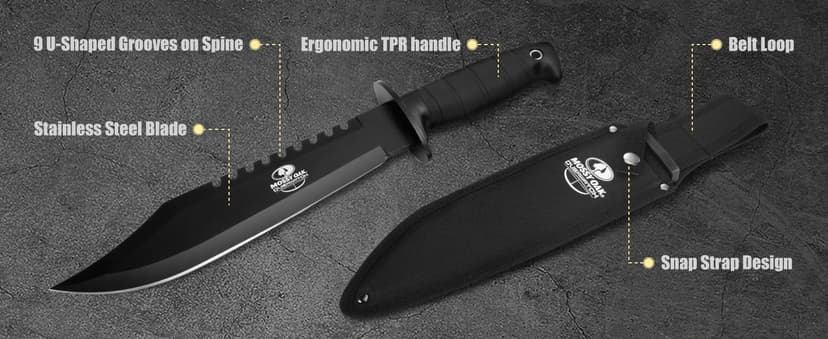 Mossy Oak Survival Hunting Knife with Sheath, 15-inch Fixed Blade Tactical Bowie Knife with Sharpener & Fire Starter for Camping, Outdoor, Bushcraft