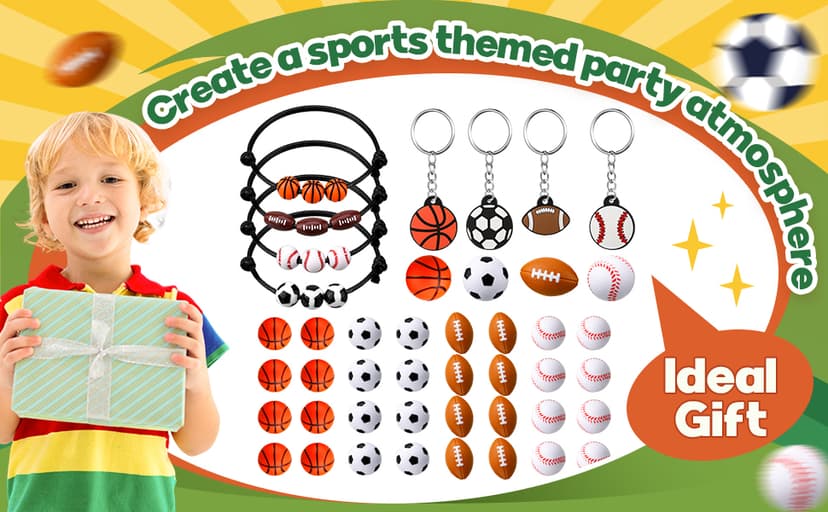 Nosiny Sportball Party Favors - 108 Pcs Bulk Set Including 36 Keychains, 36 Stress Balls & 36 Charm Bracelets for Team Birthday Parties