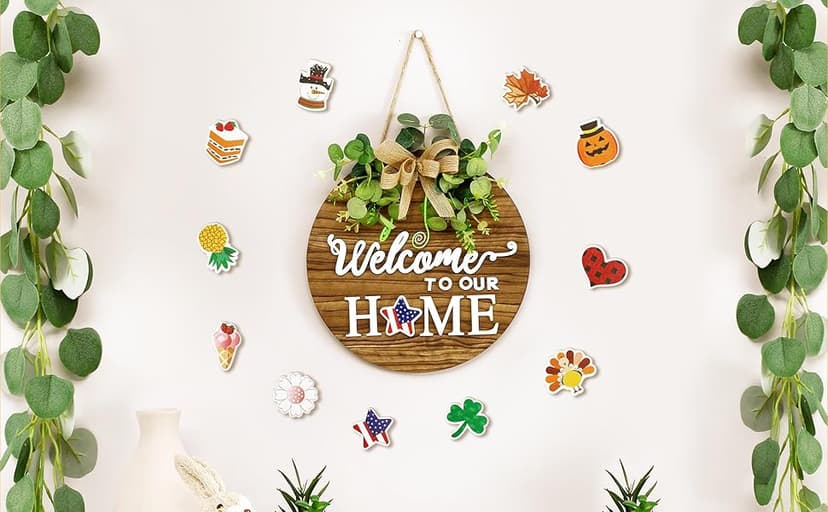 Interchangeable Seasonal Welcome Sign Front Door Decoration, Rustic Round Wood Wreaths Wall Hanging Outdoor, Farmhouse, Porch, for Spring Summer Fall All Seasons Holiday Halloween Christmas.