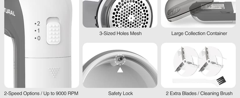 BEAUTURAL Fabric Shaver and Lint Remover, Sweater Defuzzer with 2-Speeds, 2 Replaceable Stainless Steel Blades, Battery Operated, Remove Clothes Fuzz, Lint Balls, Pills, Bobbles Gray